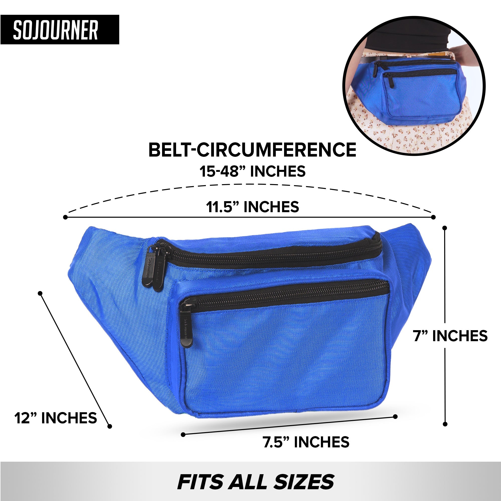 Fanny Pack (Solids) in blue with adjustable belt, 3 pockets, designed for rave outfits, fits all sizes comfortably.