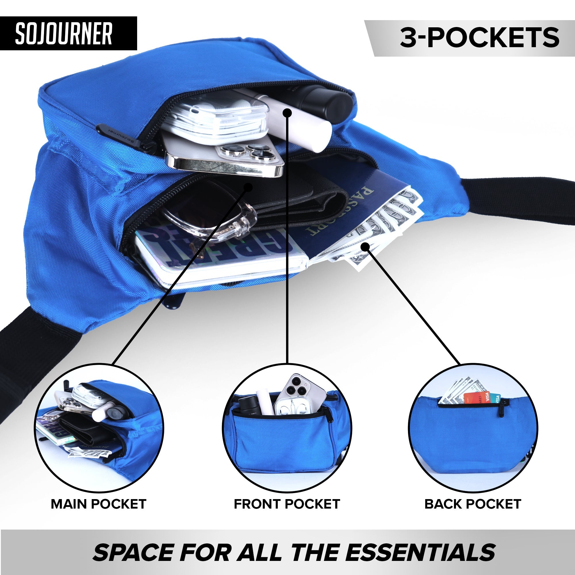 Fanny Pack (Solids) showing spacious 3-pocket design for organized storage, ideal for rave outfits and everyday essentials.