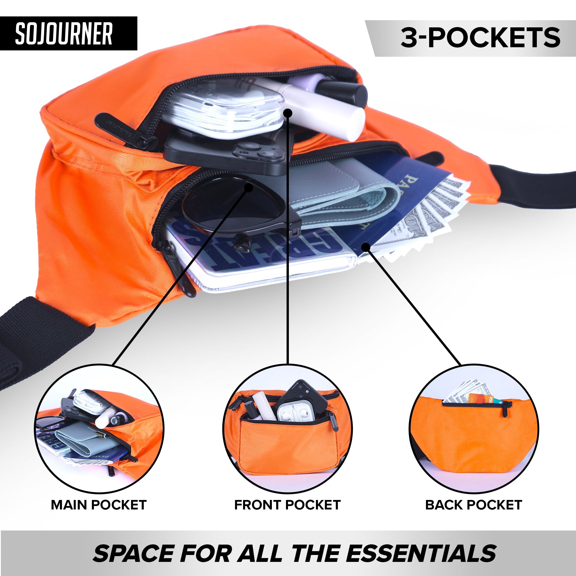 Fanny Pack (Solids) with 3-pocket design showcasing spacious organizational features for essentials.