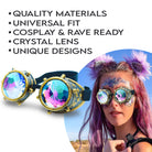 Steampunk Goggles and Kaleidoscope Glasses with crystal lens and unique designs for cosplay and rave outfits.