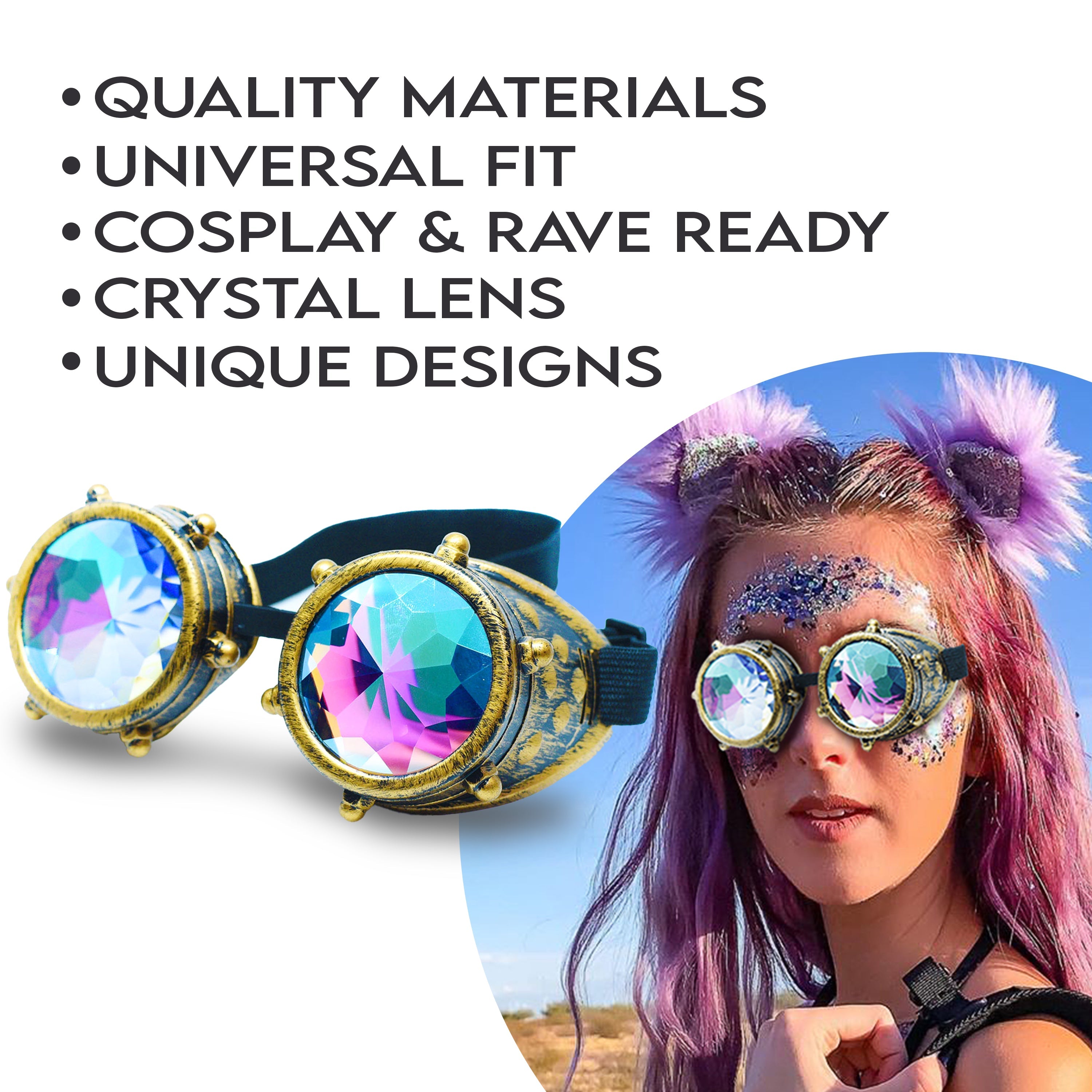 Steampunk Goggles and Kaleidoscope Glasses with crystal lens and unique designs for cosplay and rave outfits.