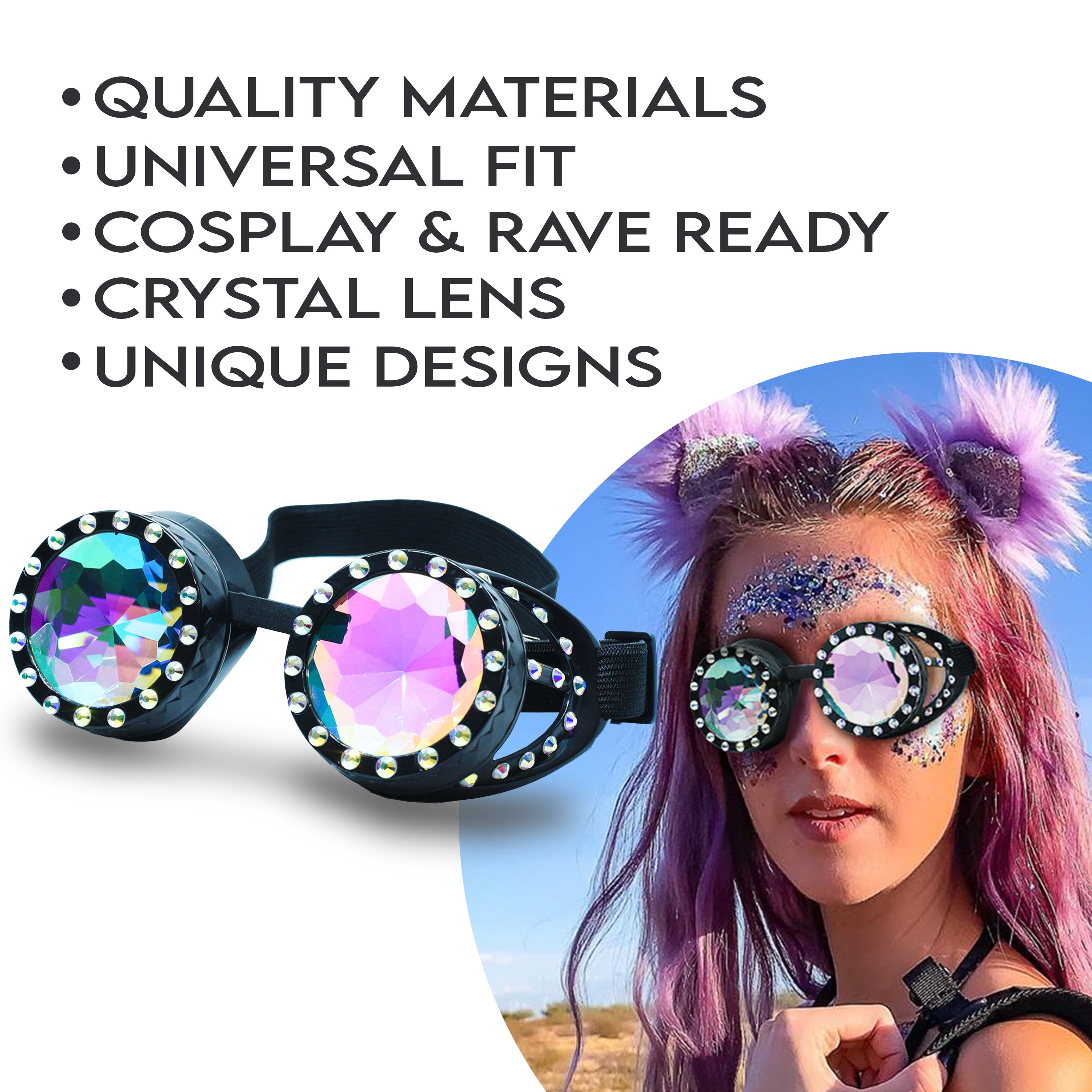 Steampunk Goggles and Kaleidoscope Glasses featuring colorful crystal lenses and unique designs for rave outfits.