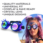 Steampunk Goggles and Kaleidoscope Glasses with crystal lenses, perfect for cosplay and rave outfits.