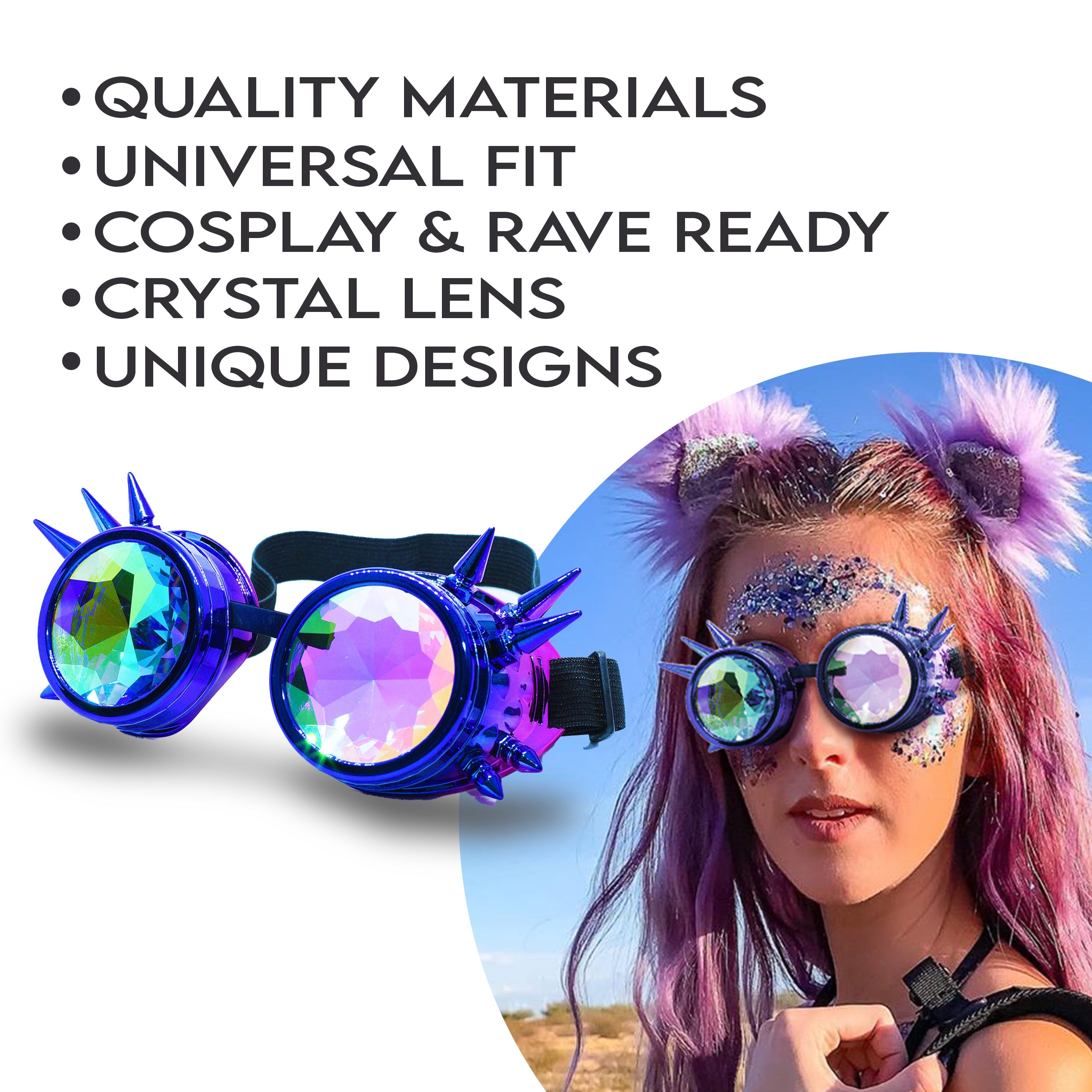Steampunk Goggles and Kaleidoscope Glasses with crystal lenses, perfect for cosplay and rave outfits.