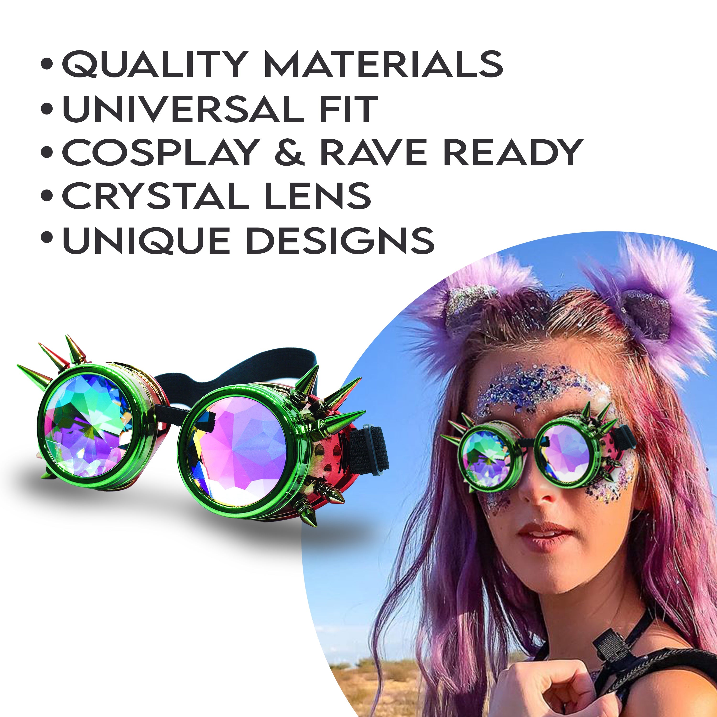 Steampunk Goggles and Kaleidoscope Glasses featuring crystal lens, quality materials, and unique designs for cosplay and rave outfits.