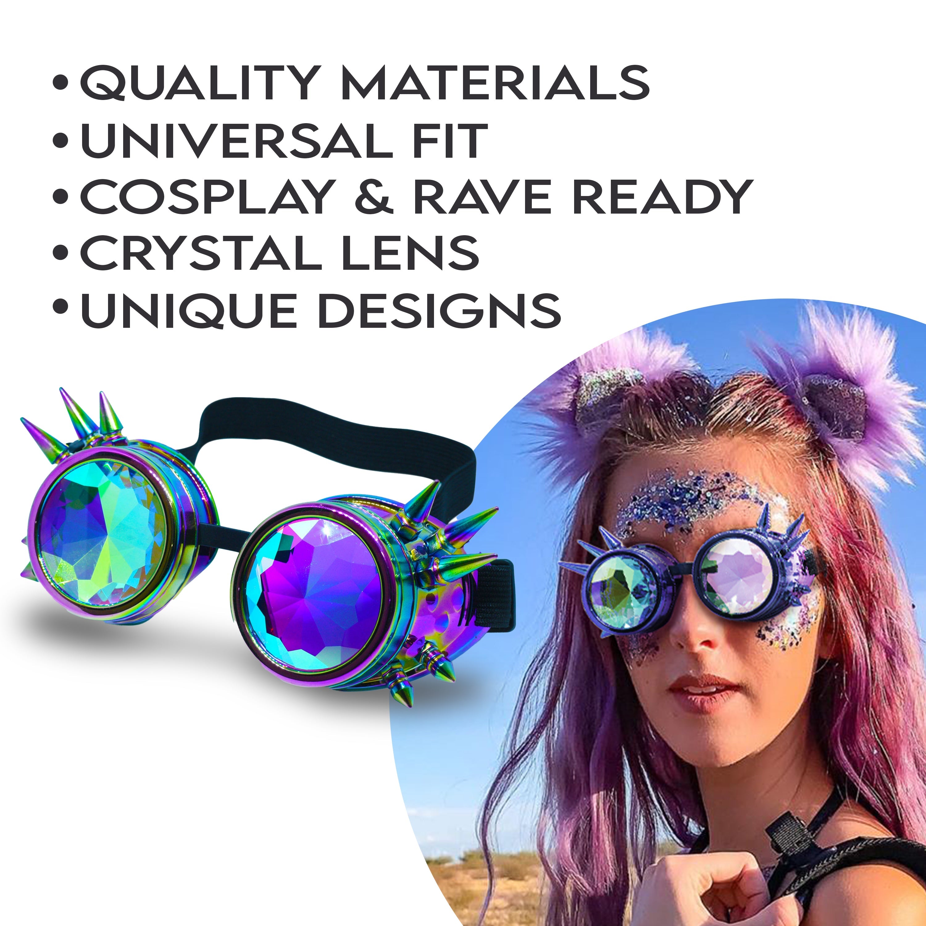 Steampunk Goggles and Kaleidoscope Glasses with unique designs and crystal lenses, perfect for rave outfits.