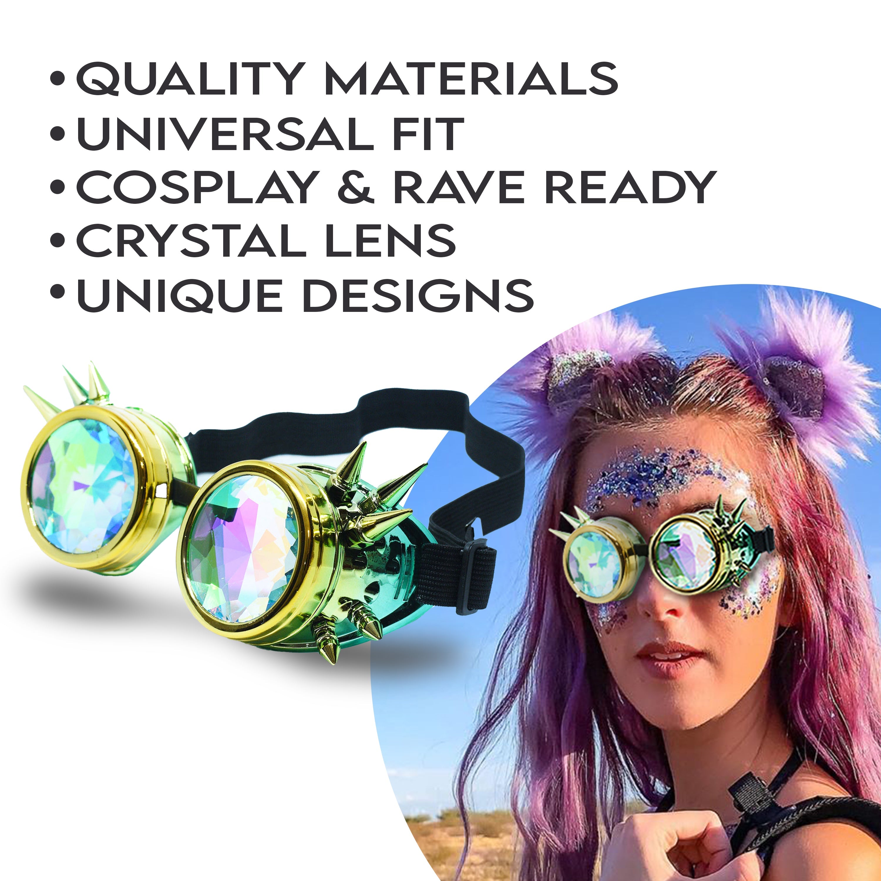 Steampunk Goggles and Kaleidoscope Glasses featuring unique designs, quality materials, and rave-ready style.