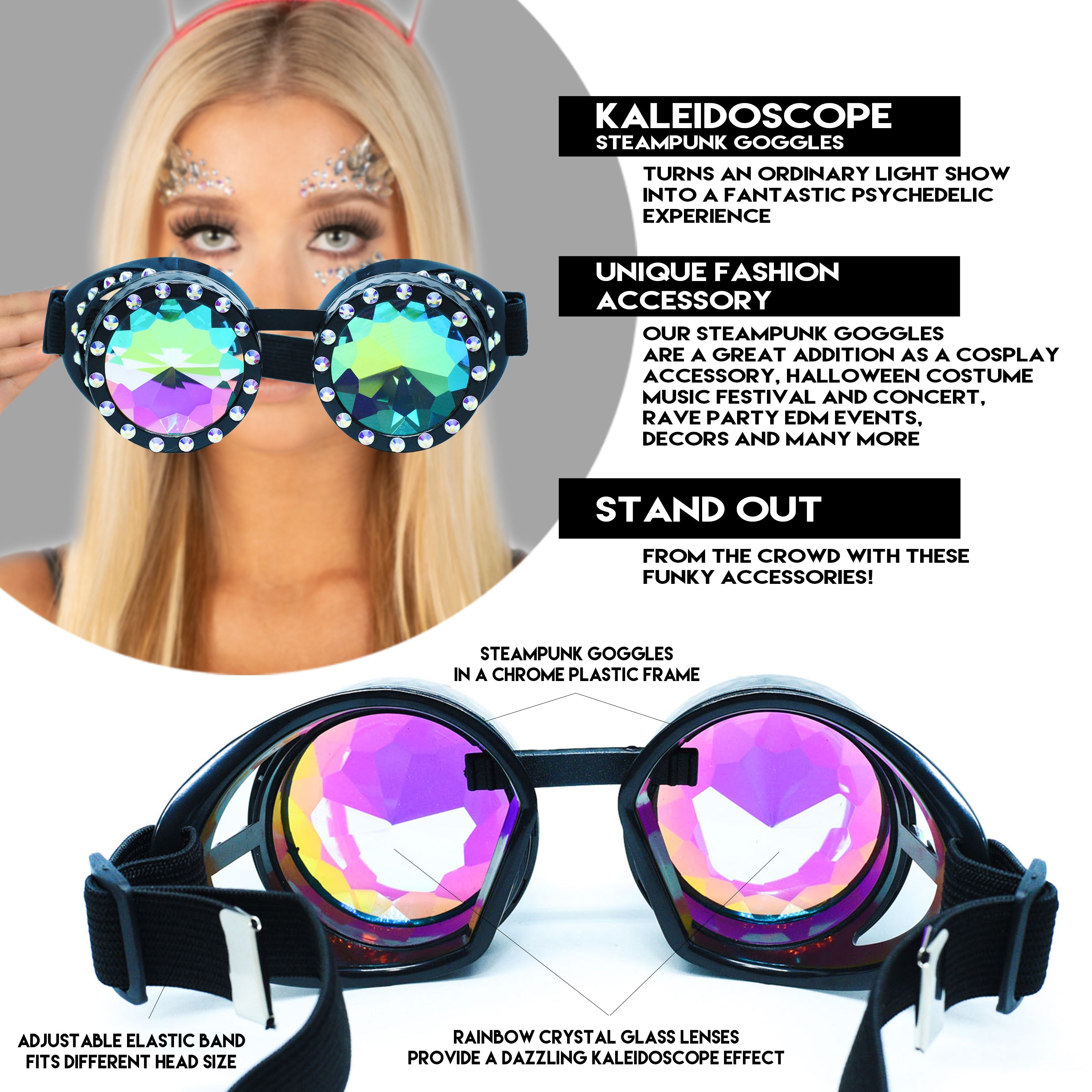 Steampunk Goggles and Kaleidoscope Glasses with rainbow crystal lenses for cosplay and rave outfits.