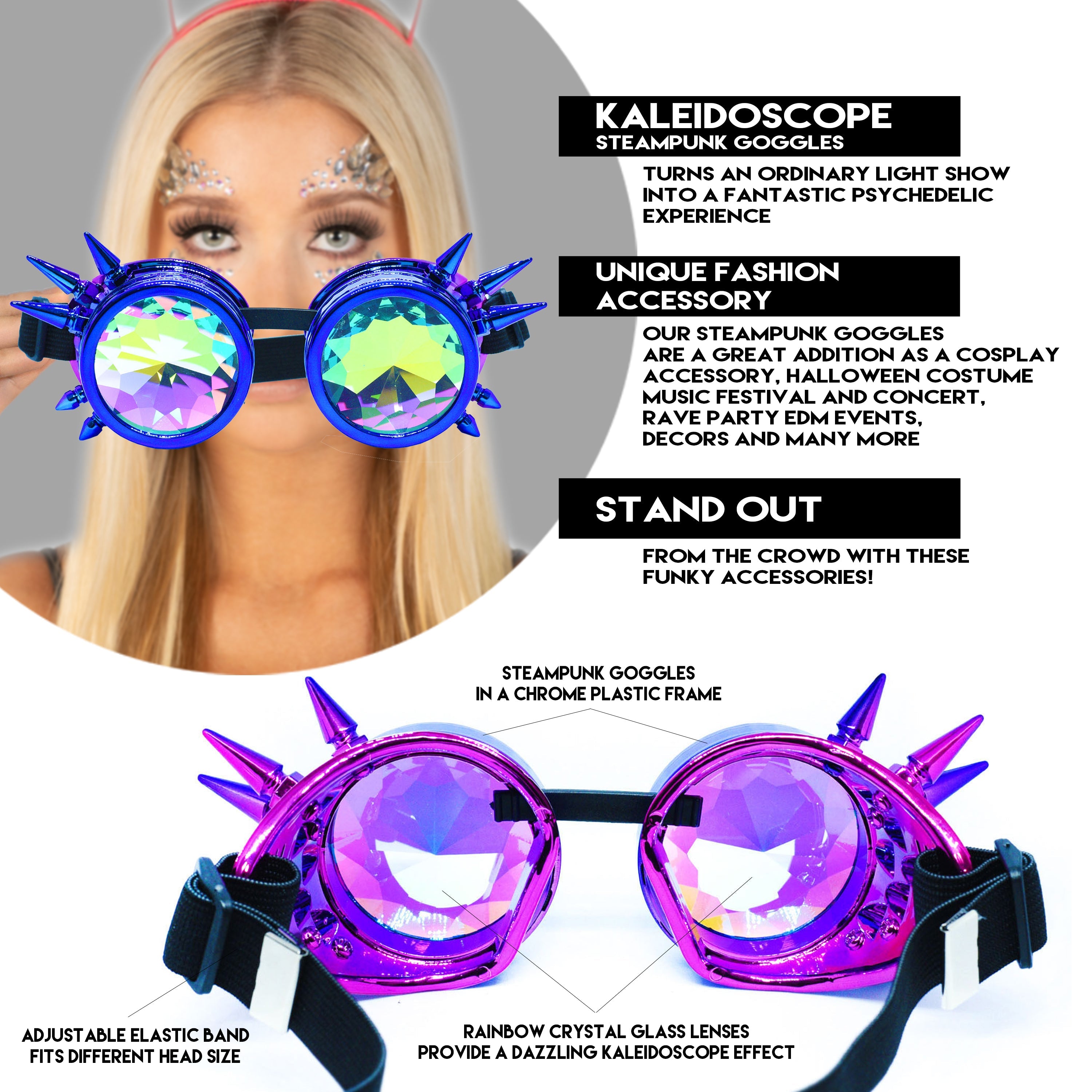 Steampunk Goggles and Kaleidoscope Glasses featuring colorful lenses and unique design for rave outfits and cosplay.