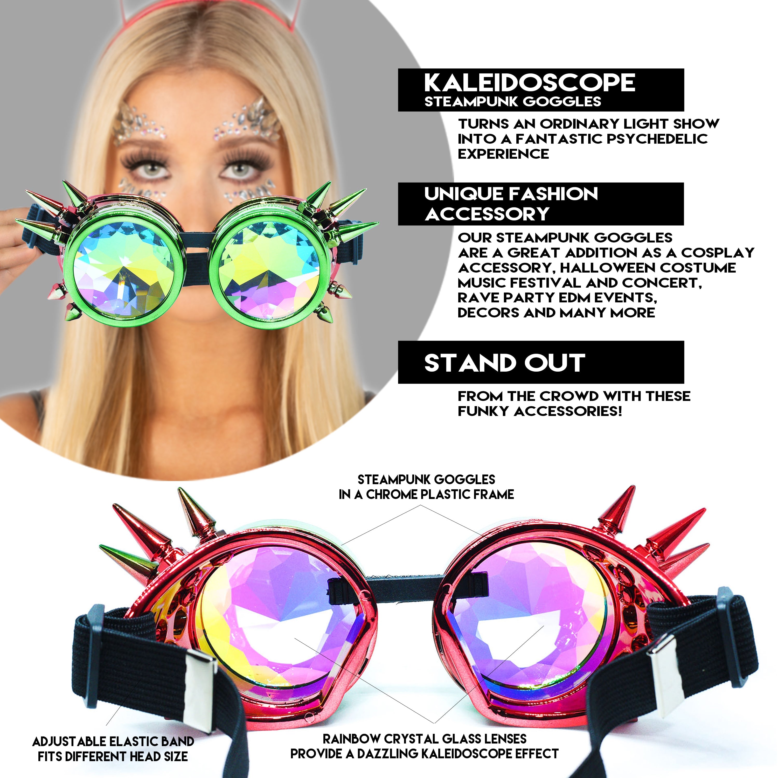 Steampunk Goggles and Kaleidoscope Glasses with colorful lenses and spikes, perfect for rave outfits and cosplay.