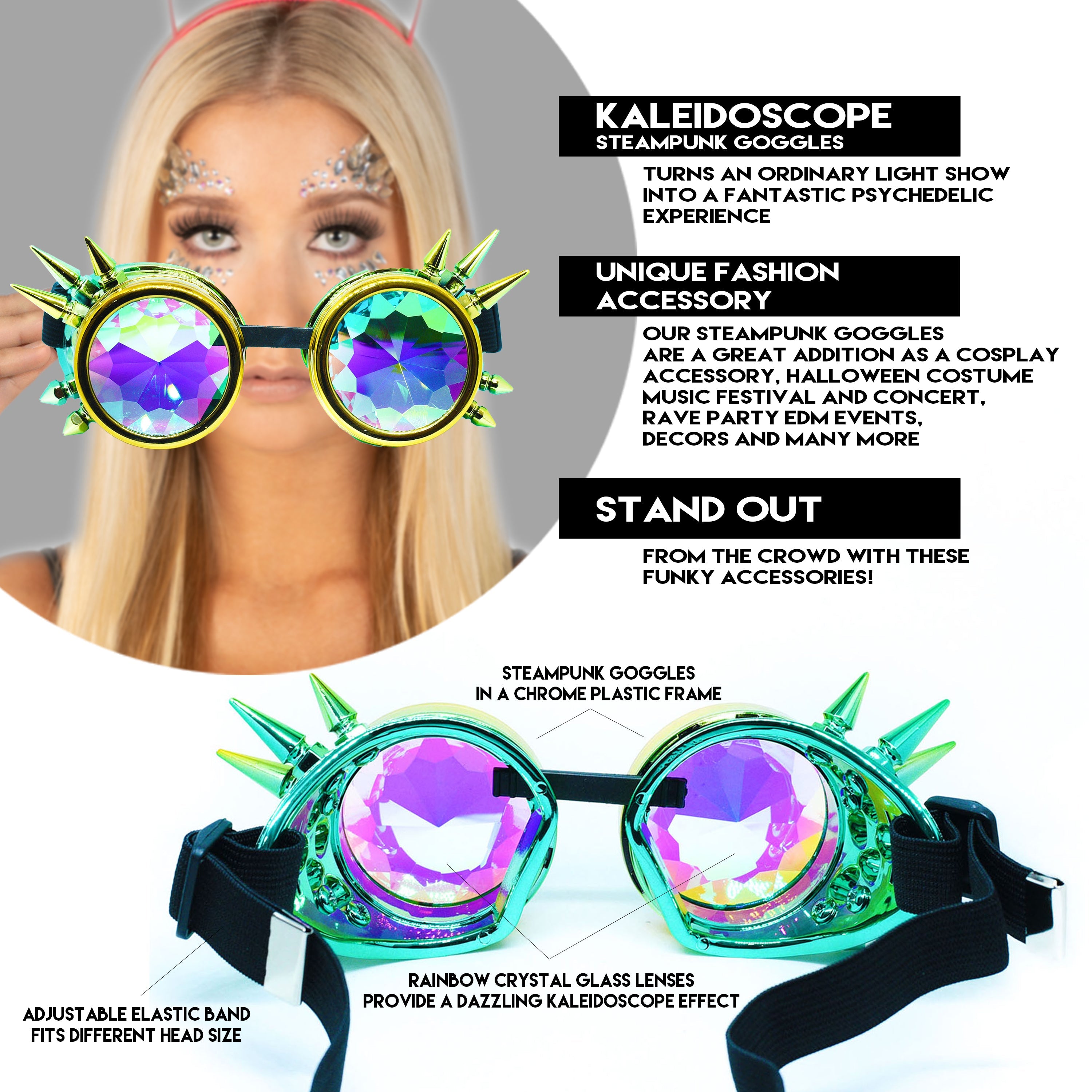 Steampunk Goggles and Kaleidoscope Glasses with rainbow crystal lenses for cosplay and rave outfits.