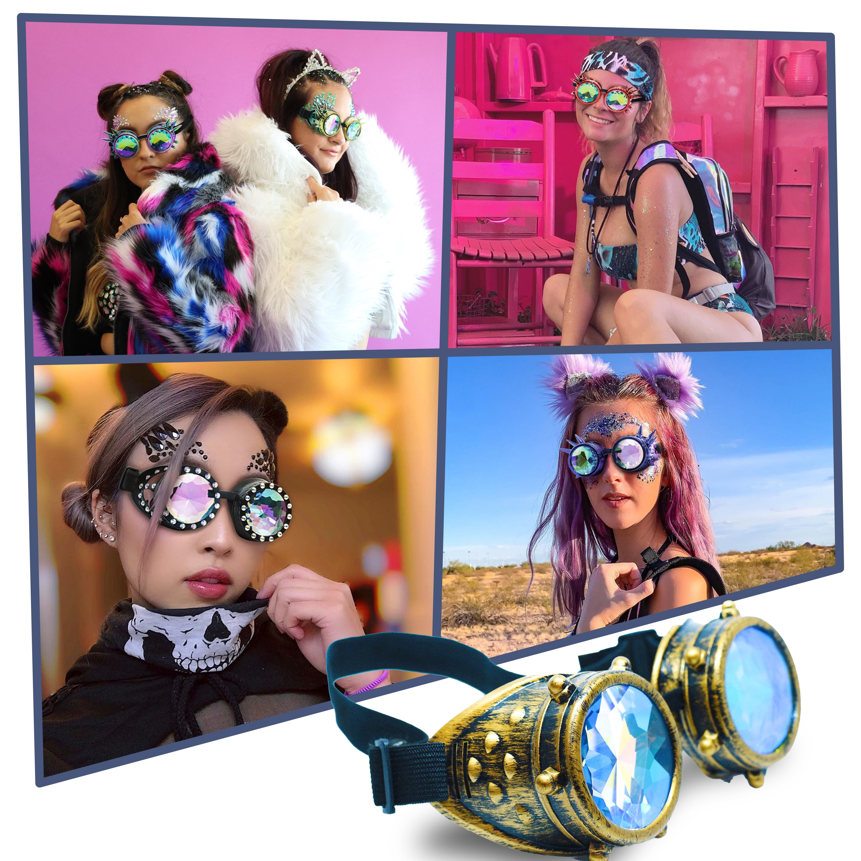 A collage featuring models wearing Steampunk Goggles and Kaleidoscope Glasses, showcasing various colorful designs.