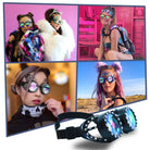 Steampunk Goggles and Kaleidoscope Glasses displayed with models showcasing unique designs for rave outfits.
