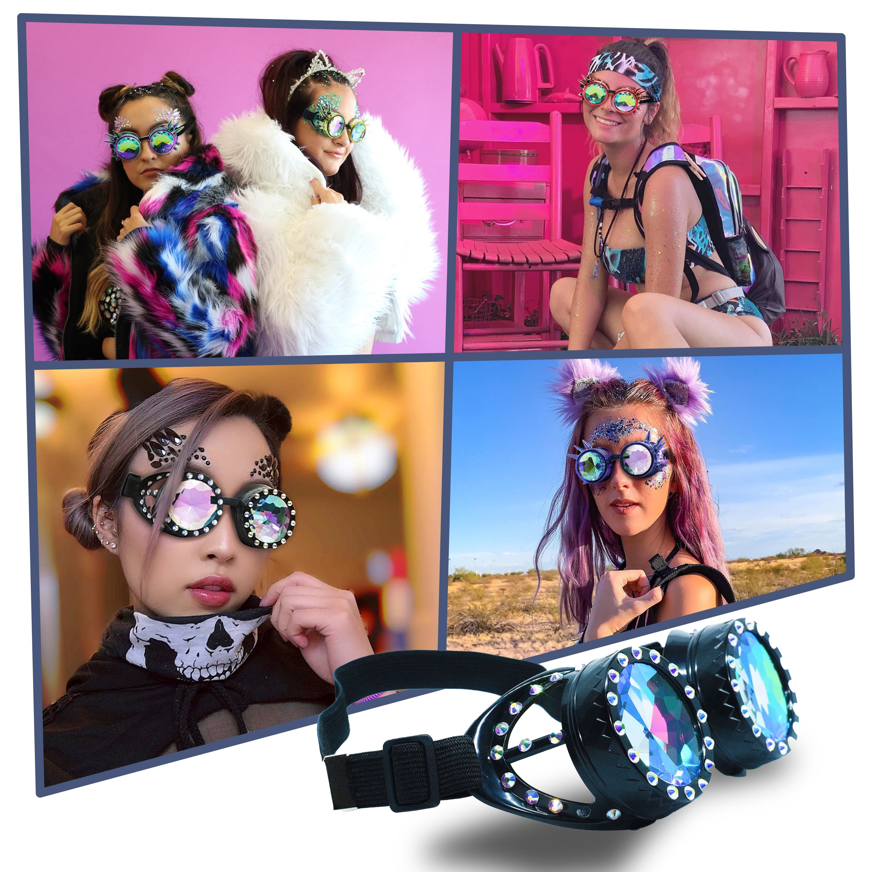 Steampunk Goggles and Kaleidoscope Glasses displayed with models showcasing unique designs for rave outfits.