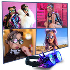 Steampunk Goggles and Kaleidoscope Glasses displayed on models showcasing unique rave outfits and colorful designs.