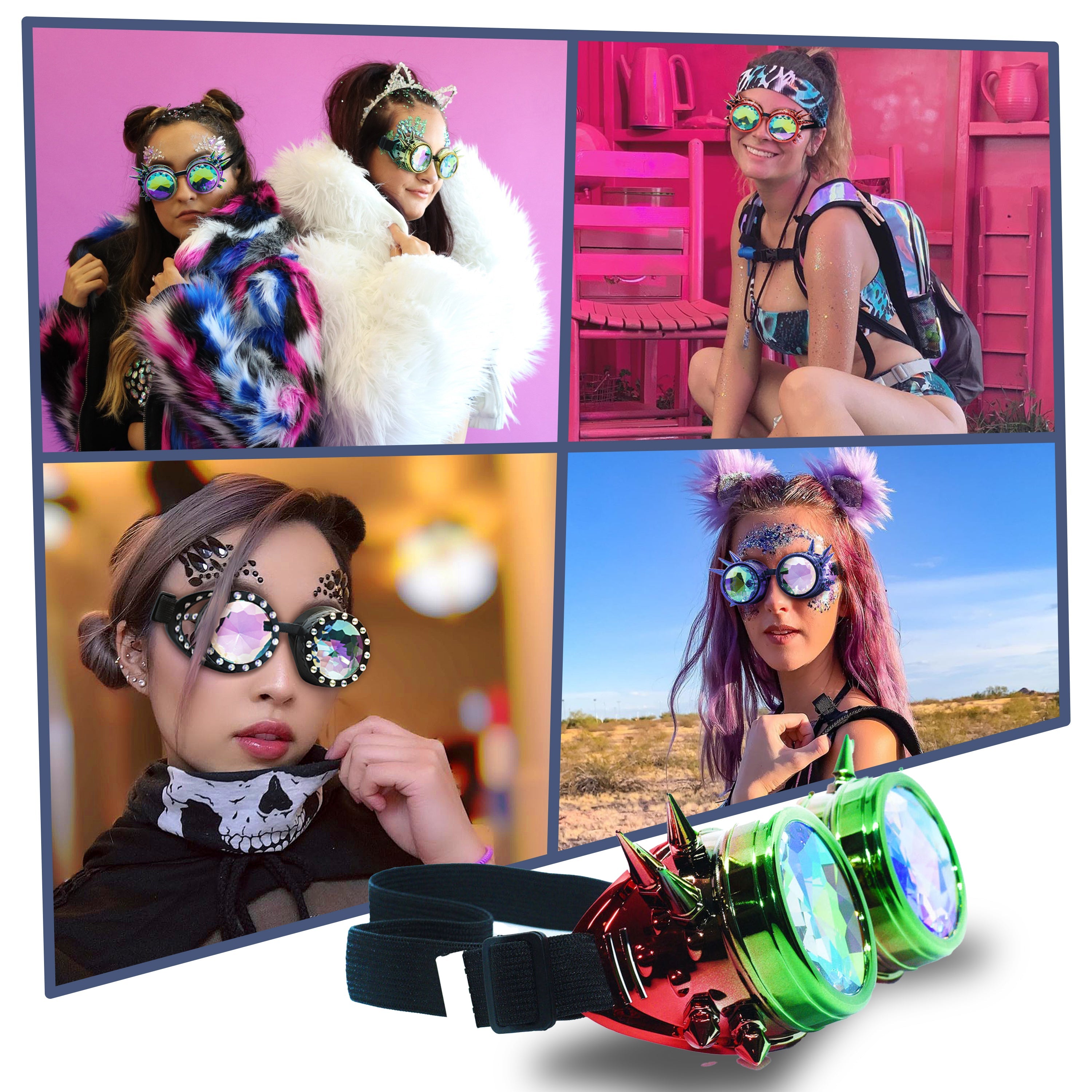 Steampunk Goggles and Kaleidoscope Glasses in vibrant colors, showcasing unique designs for rave outfits and cosplay.