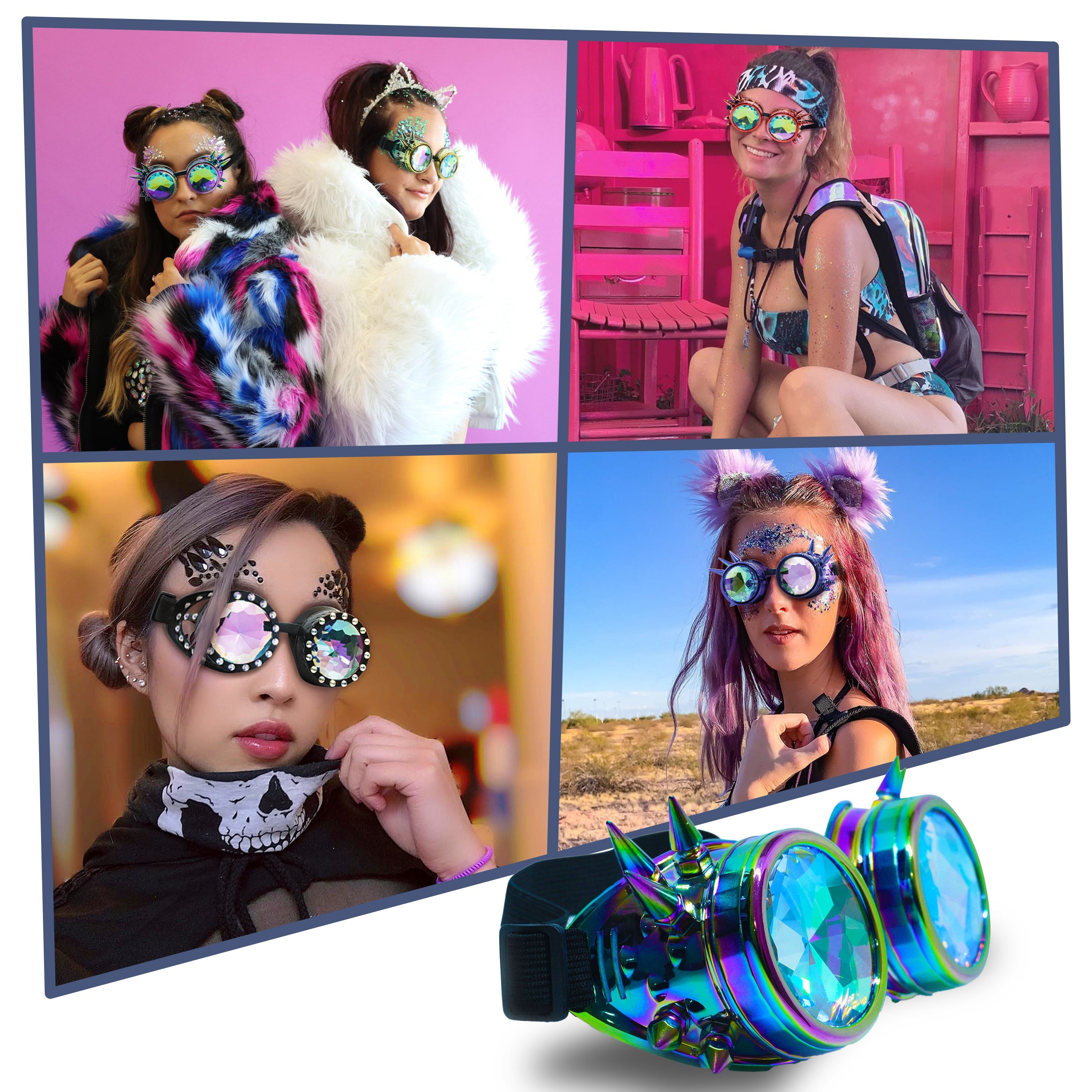 Steampunk Goggles and Kaleidoscope Glasses in colorful designs showcased by models in vibrant outfits.