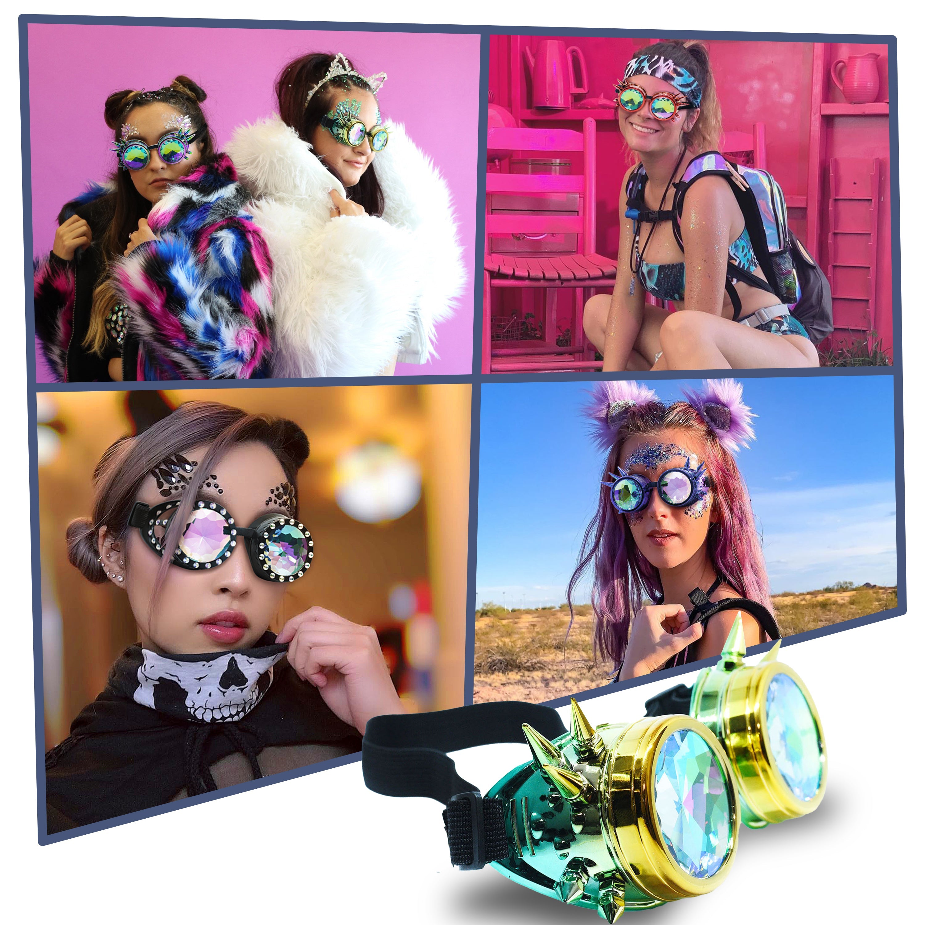 Steampunk Goggles and Kaleidoscope Glasses showcased in colorful rave outfits, ideal for cosplay and festivals.