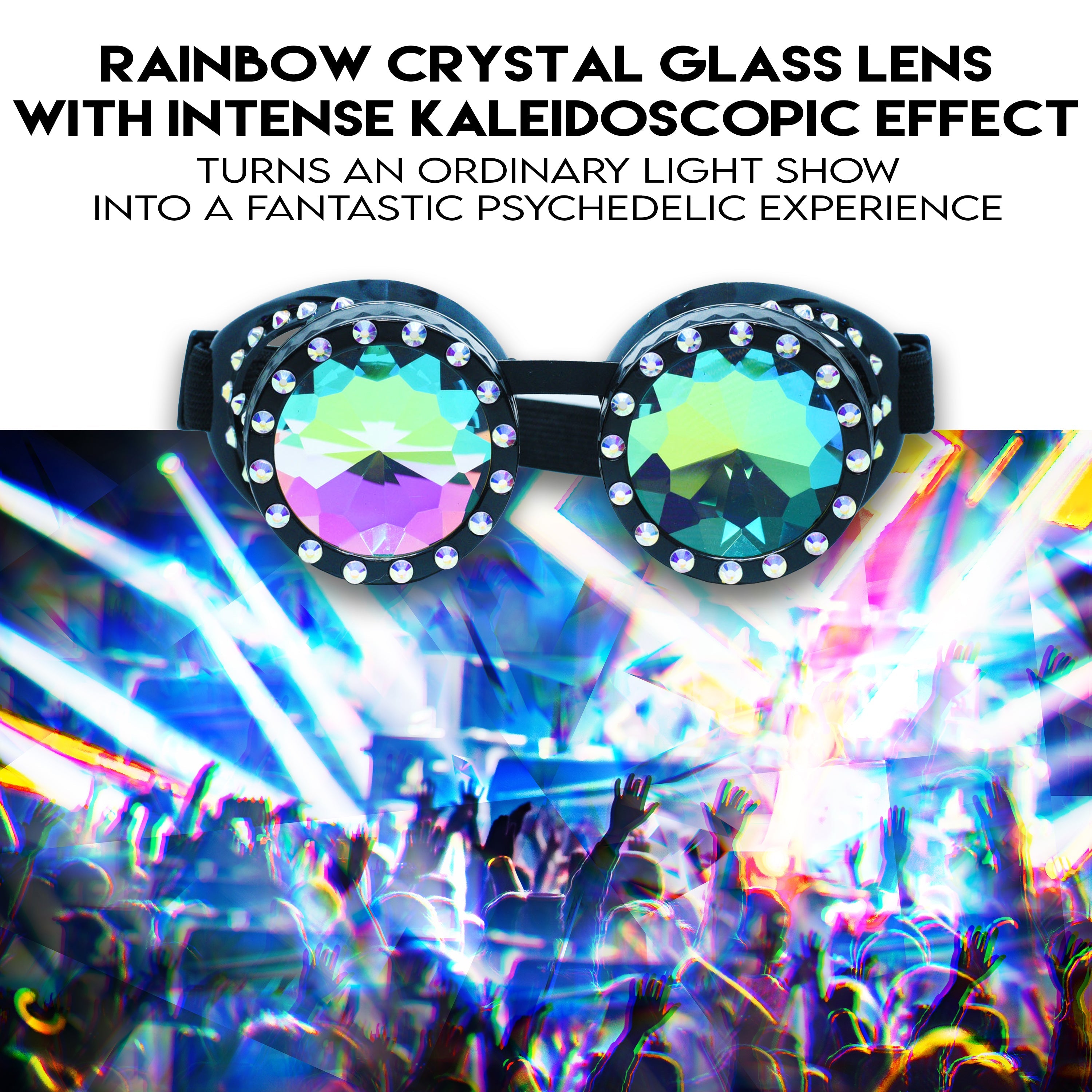 Steampunk Goggles and Kaleidoscope Glasses with rainbow crystal glass lens for rave outfits and psychedelic experiences.