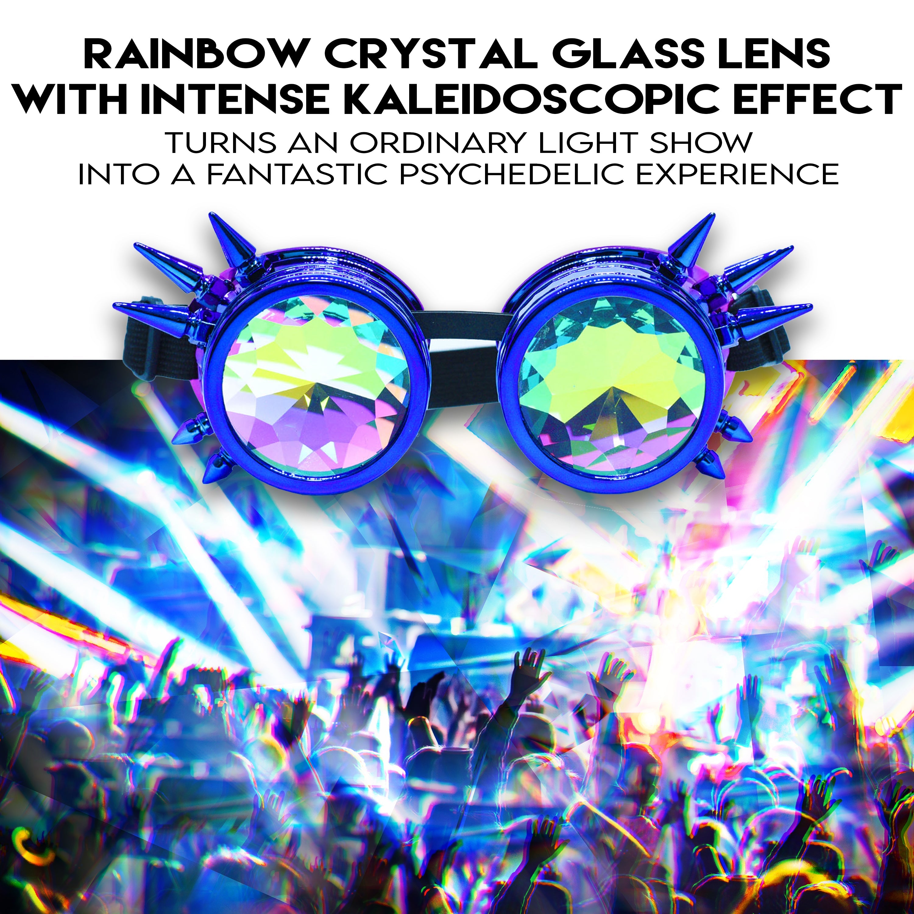 Steampunk Goggles and Kaleidoscope Glasses with rainbow crystal lenses for a fantastic light show experience.