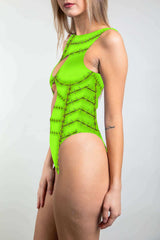 Stitched keyhole bodysuit with green stitched pattern, Halloween rave wear