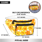 Fanny Pack (Solids) dimensions showing 3 pockets and adjustable belt for easy access while wearing rave outfits.
