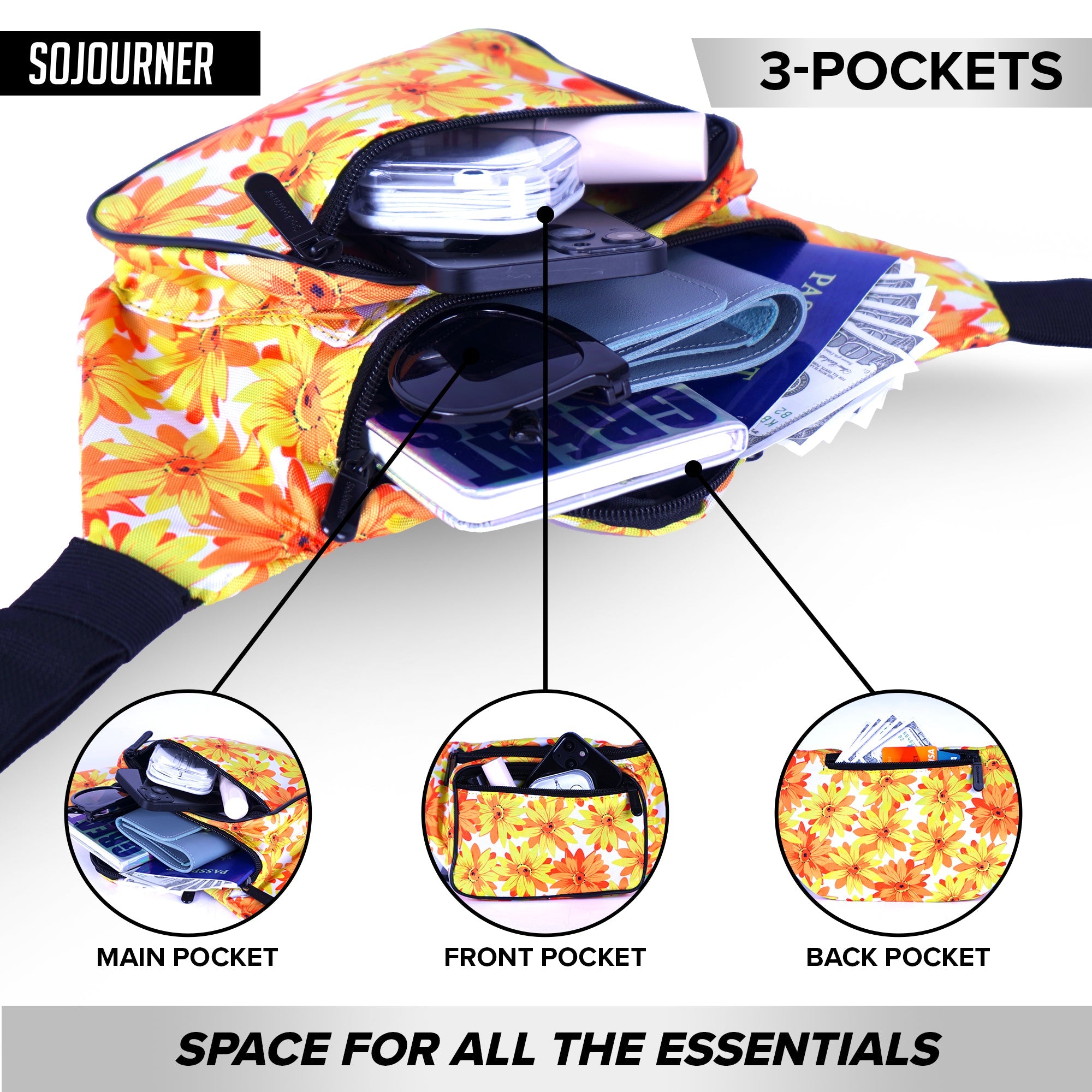 Fanny Pack (Solids) showing 3-pocket design with organized space for essentials and bright floral pattern for Rave Outfits