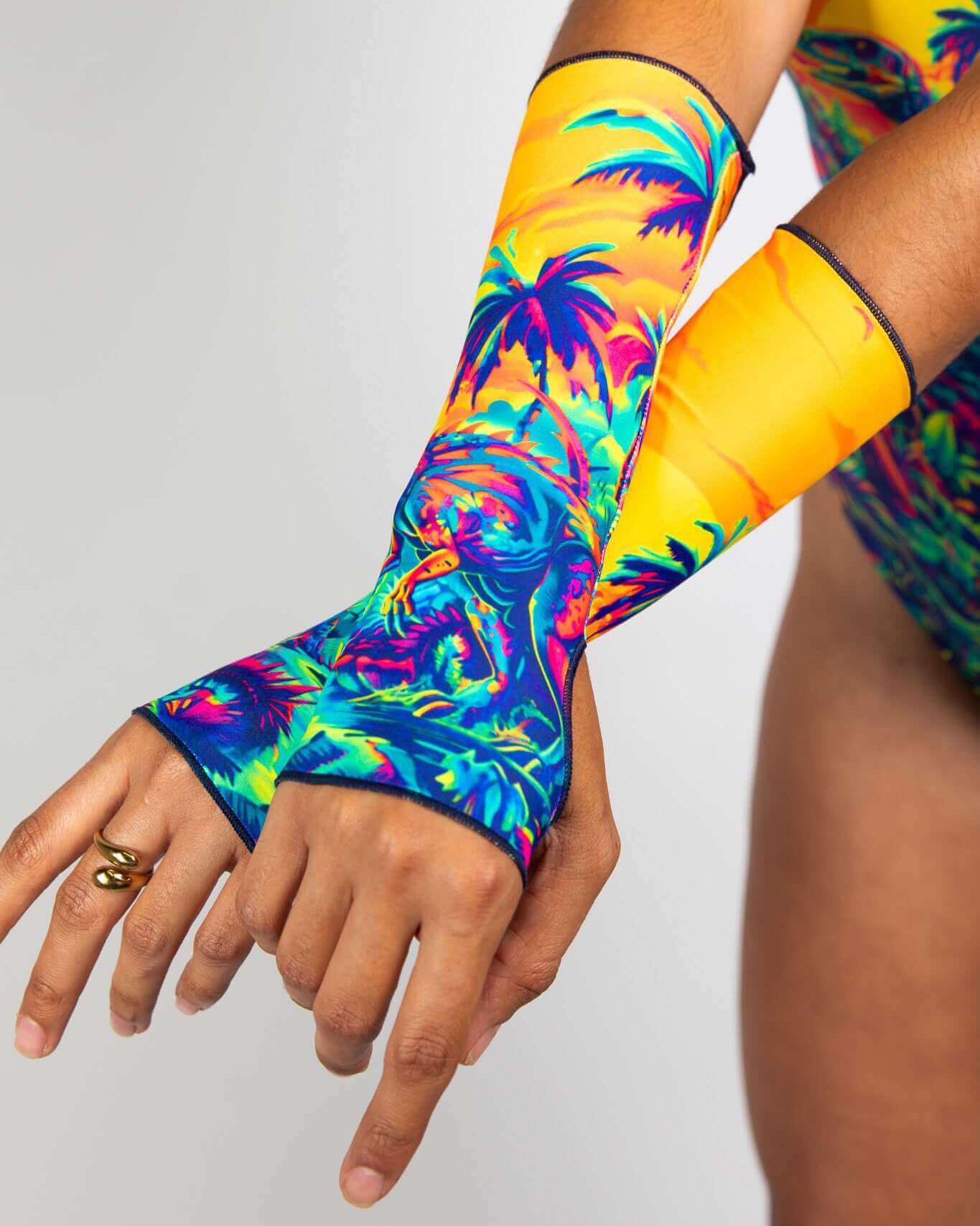 vibrant Saurian Gloves with colorful dinosaur scene, perfect for rave outfits and adding fun to any look.