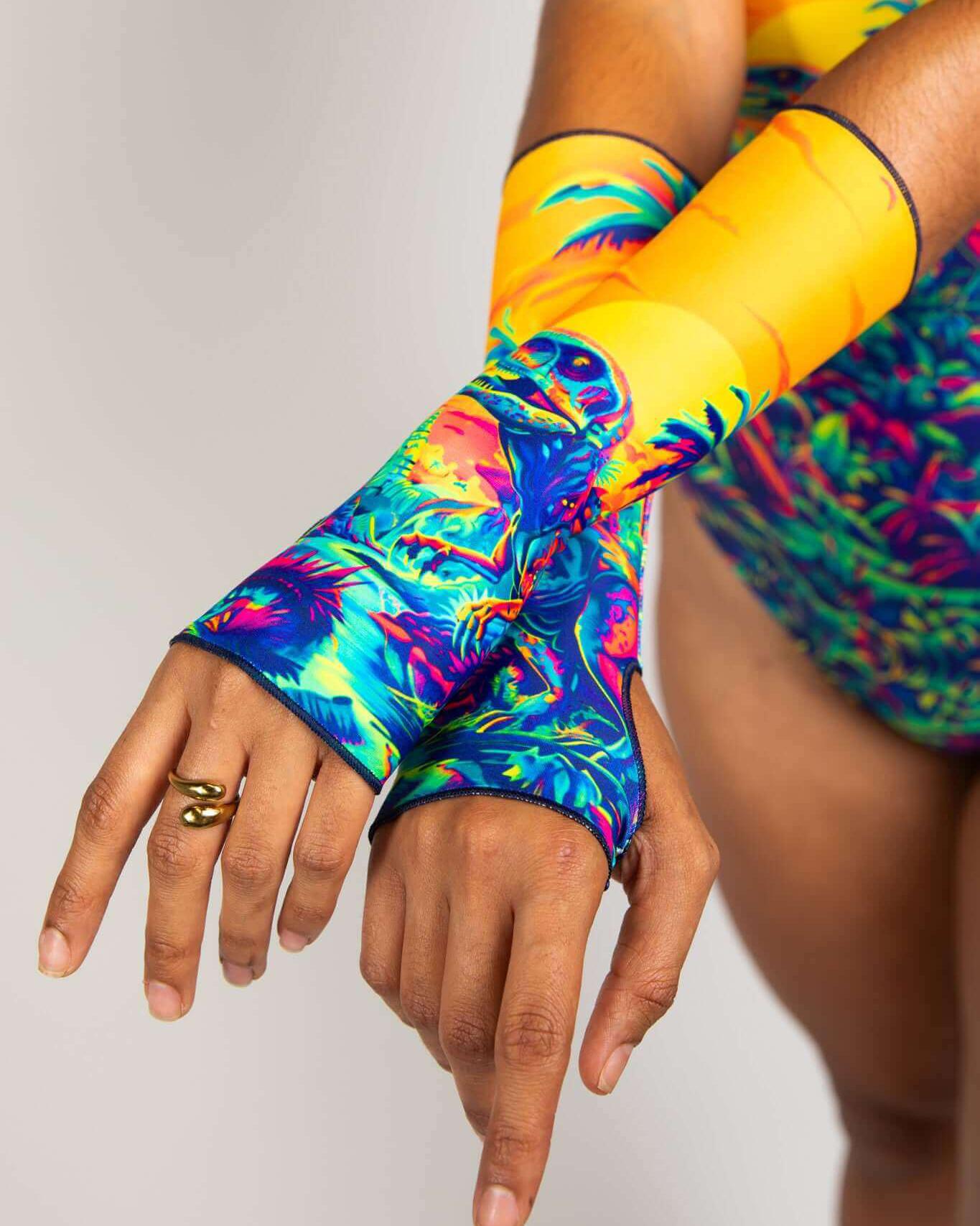 Colorful Saurian Gloves with sunset dinosaur design, perfect for rave outfits and fun summer parties.