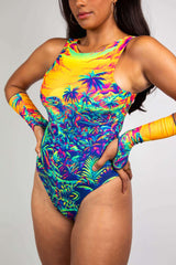 Vibrant Saurian Reversible High Neck Bodysuit with tropical dinosaur print, perfect for rave outfits and parties.