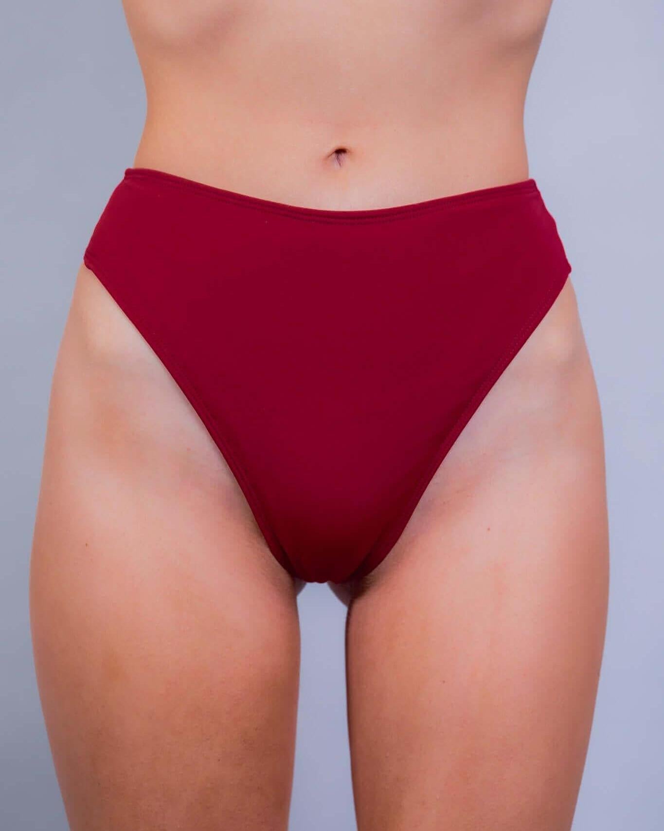 Scarlet high waisted thong showcasing a cheeky cut, perfect for rave outfits and handmade in San Diego.