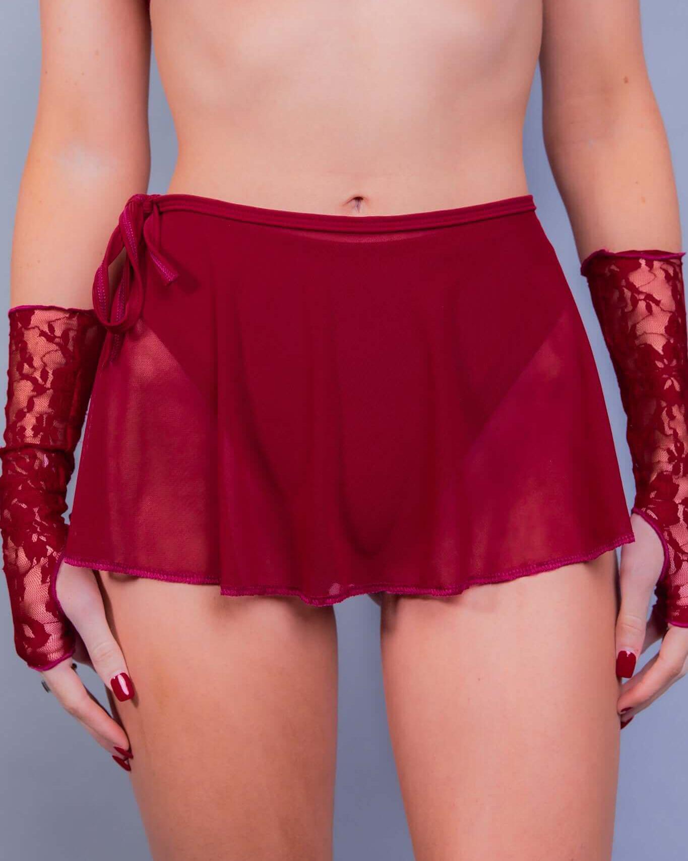 Scarlet mesh swirl skirt with tie side detail, perfect for rave outfits and festival wear.