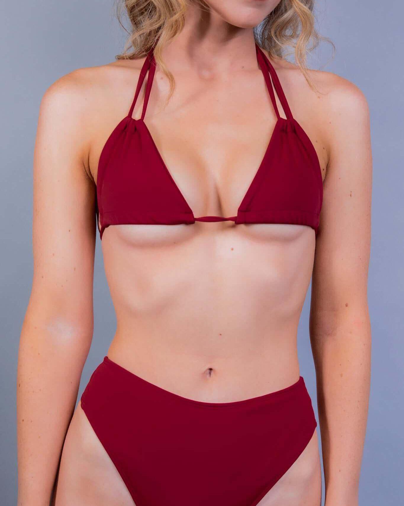 Scarlet Strappy Bikini Top shown on model, perfect for rave outfits and summer adventures.