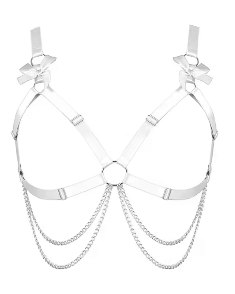 Heartthrob Harness in White featuring delicate bows and chain detailing, perfect for rave outfits and stylish party looks.