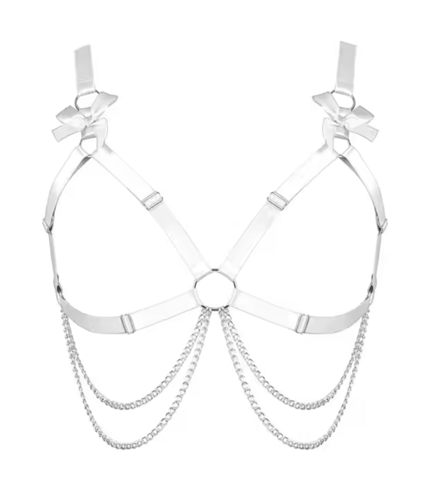 Heartthrob Harness in White featuring delicate bows and chain detailing, perfect for rave outfits and stylish party looks.