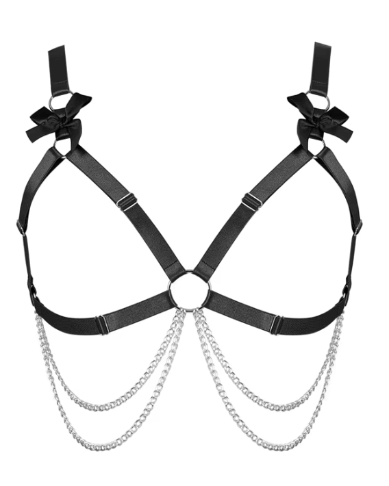 Heartthrob Harness in black with bows and chain detailing, perfect for bold rave outfits.