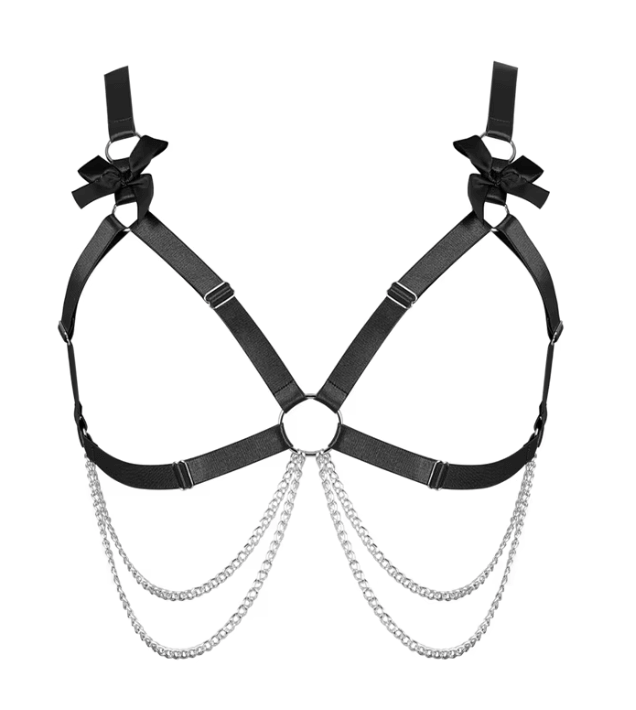 Heartthrob Harness in black with bows and chain detailing, perfect for bold rave outfits.