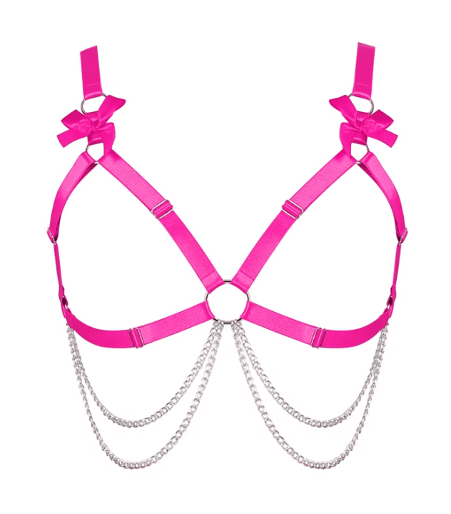 Pink Heartthrob Harness with chain detailing, perfect for bold rave outfits and show-stopping looks.