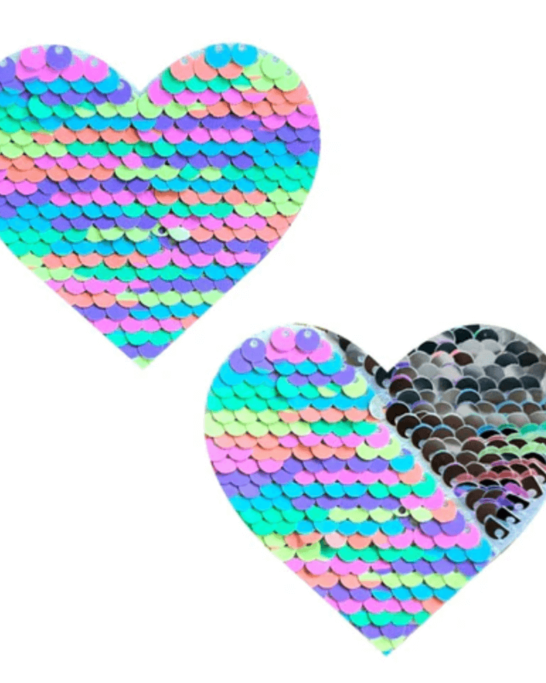 Pastel piñata sequin heart pasties ideal for rave outfits and festival fashion emergencies. Perfect for parties and poolside fun.