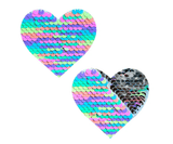 Pastel piñata sequin heart pasties ideal for rave outfits and festival fashion emergencies. Perfect for parties and poolside fun.