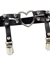 Black I Heart U Leg Garter with spike embellishments and heart-shaped clasp, perfect for rave outfits.