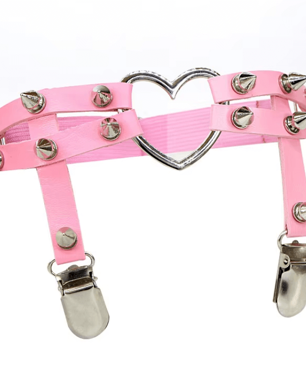 I Heart U Leg Garter in light pink with spiked details and heart-shaped embellishments for rave outfits.