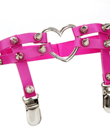 Pink I Heart U Leg Garter with spikes and heart detail, perfect for bold rave outfits and edgy fashion statements.