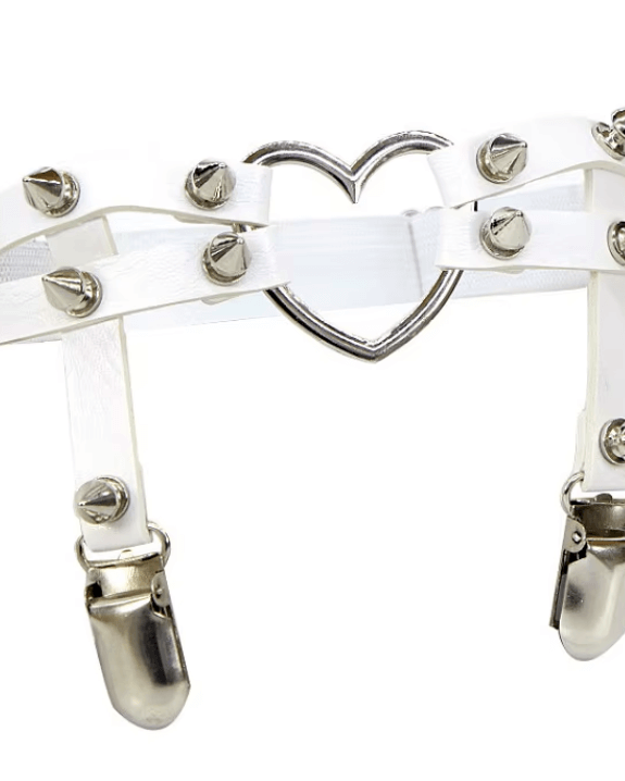 White I Heart U Leg Garter with spiked embellishments and heart-shaped clasp, perfect for rave outfits.