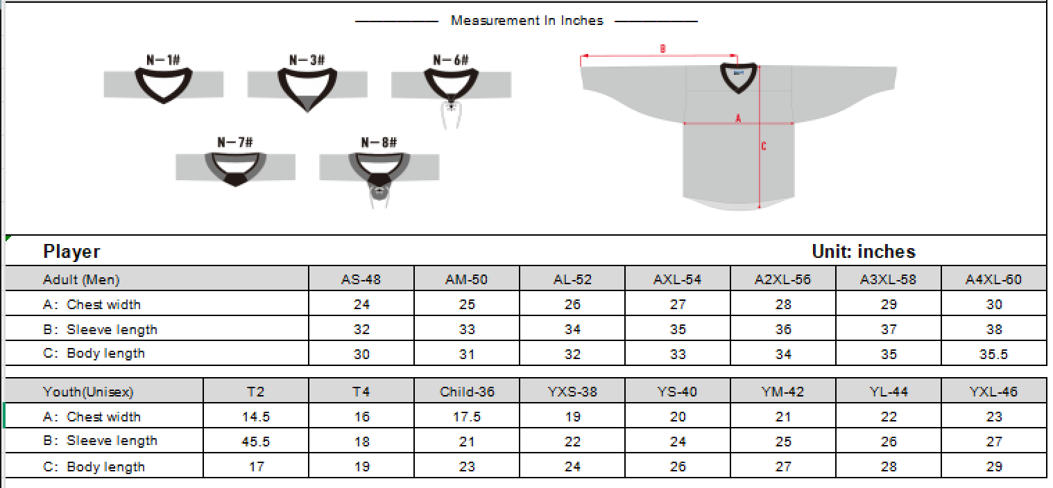 Measurement chart for hockey jersey sizes, showing chest width, sleeve length, and body length in inches.