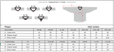 Measurement chart for hockey jersey sizes, showing chest width, sleeve length, and body length in inches.