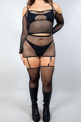 Seductra Rhinestone 2 Piece Fishnet Set featuring off-the-shoulder top, skirt, and attached leg sleeves, perfect for rave outfits.