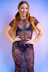 Model wearing Shadowflame Mesh Baby Tee Maxi Dress, showcasing a stylish and sexy silhouette perfect for rave outfits.