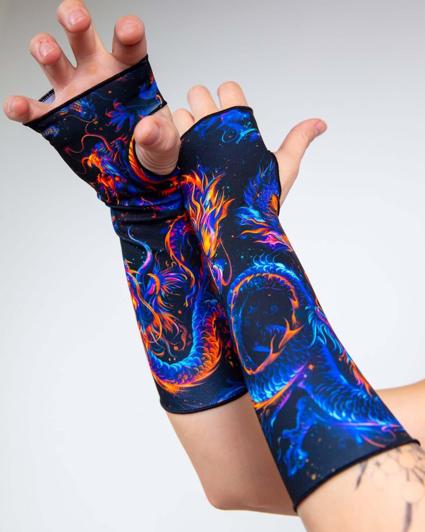 ShadowFlame Gloves featuring vibrant dragon design, perfect for rave outfits and comfortable fit below the elbow.