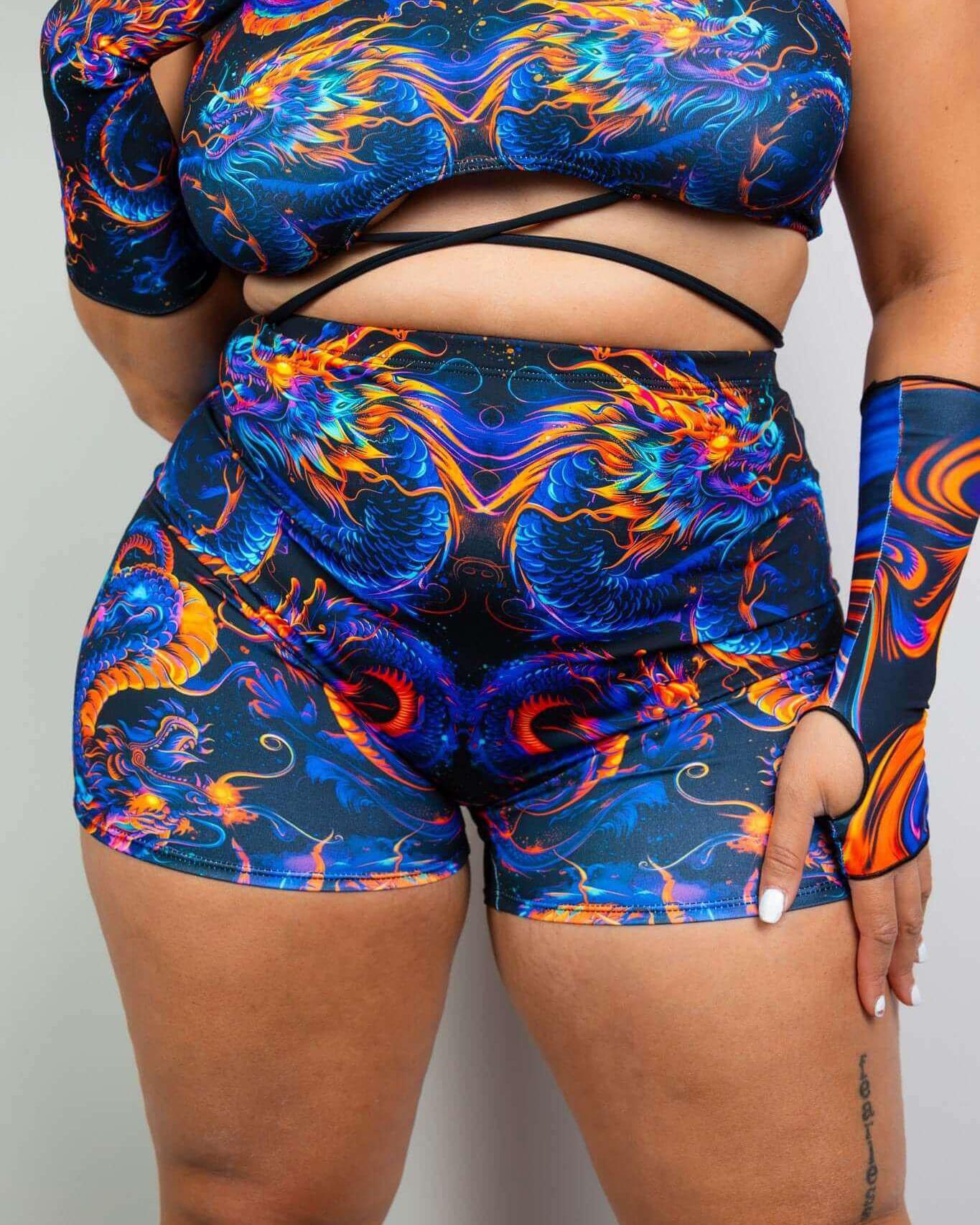 ShadowFlame High Waist Shorts in vibrant colors, perfect for rave outfits, showcasing a bold, seamless design.